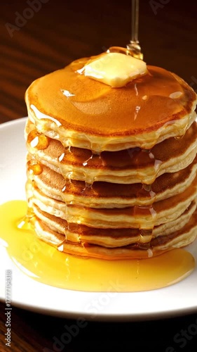 Slow Motion Syrup Cascade Delicious Pancakes on White Plate Overhead Shot
