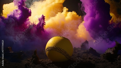 A Lone Baseball Resting in a Dramatic Purple Cloudscape at Sunset