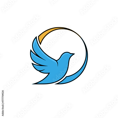 Symbol of serene flight and graceful movement, this elegant blue bird soars within a golden-hued circle, embodying peace, hope, and harmonious freedom in its minimalist design concept
