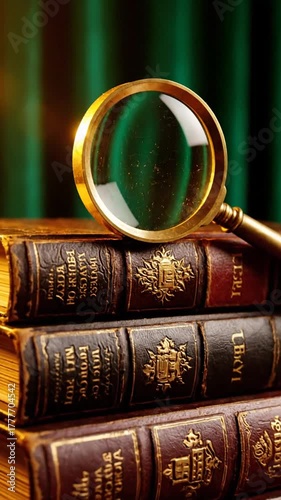 Captivating Portrait Angle A Stack Of Vintage Books and Antique Magnifying Glass Display
