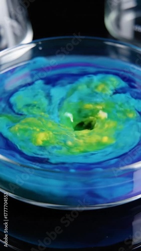 Vibrant Petri Dish Liquid Swirling Color Shifts Under Soft Diffused Light Camera View