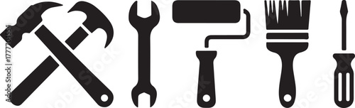 Construction Renovation Tools Silhouette Set Hammer Wrench Brush Screwdriver