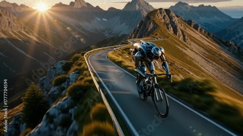 Futuristic robot cyclist rides winding mountain road at sunrise epic adventure journey extreme sport concept high altitude alpine