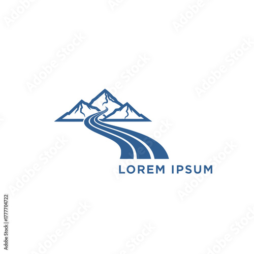 Stylized vector logo of a winding road leading to majestic mountains, symbolizing exploration, adventure, and the journey through natural landscapes and scenic routes