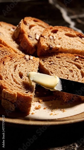 Delicious Walnut Bread Slices Neatly Arranged on Ceramic Plate With Buttered Knife