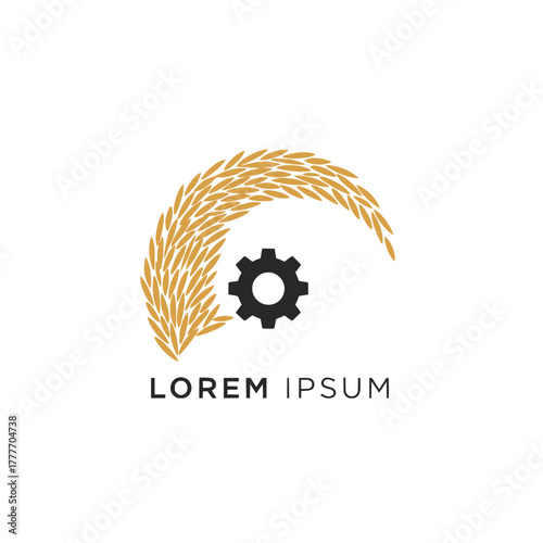 Creative logo design combining a golden wheat sheaf and an industrial cogwheel, symbolizing the intersection of agriculture and technology