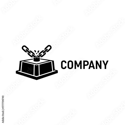 Black and white illustration of a podium with chains attached, representing strength, security, and achievement