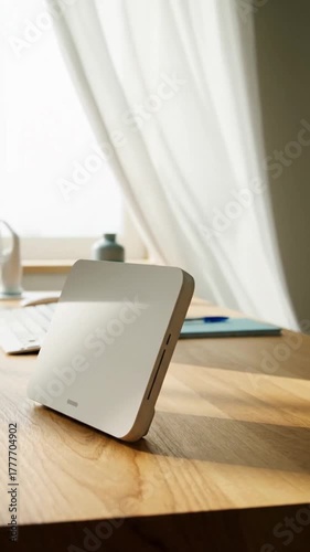 Minimalist White WiFi Extender Setup on Light Oak Desk A Clean Tech Workspace