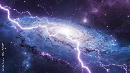 Majestic galaxy illuminated by brilliant lightning strikes amidst starry cosmos