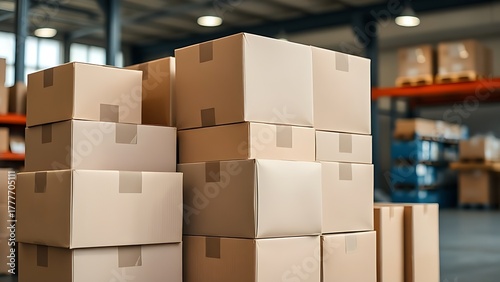 Neatly stacked cardboard boxes in a warehouse, highlighting organization and industrial simplicity.
