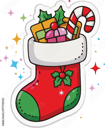 Christmas Stocking Sticker Filled with Presents and Candy Canes