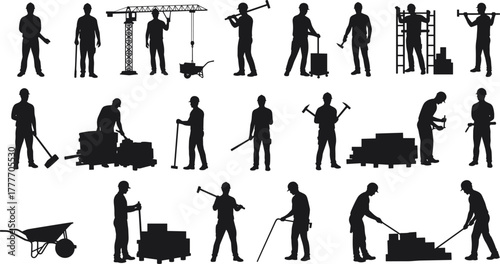 Construction workers silhouette, brick stacking, scaffolding, jackhammer, shovel, wheelbarrow, measuring, hammering, site safe, construction activity