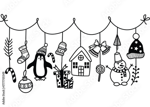 Hanging christmas decorations vector illustration, Christmas element design, Christmas background, Cute penguin and christmas ball, Tree black and white, Winter for template, Card, Banner.