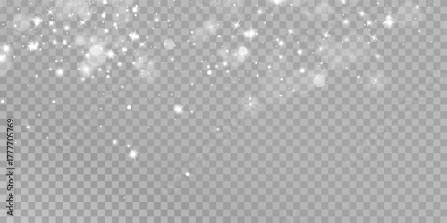 White png dust light. Bokeh light lights effect background. Christmas background of shining dust Christmas glowing light bokeh confetti and spark overlay texture for your design.	