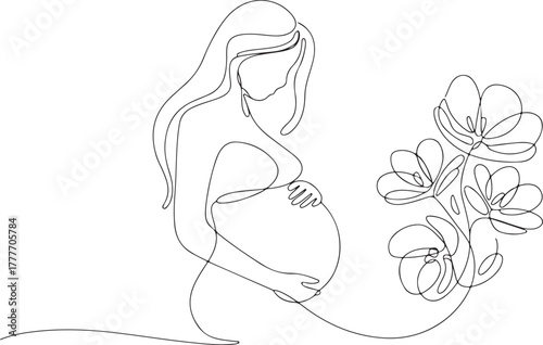 Continuous Line Drawing of Pregnant Woman with Flowers Elegant Line Art Silhouette