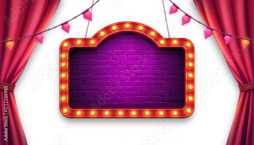 Blank retro vintage marquee sign. Illuminated marquee with purple brick background and decorative curtains, perfect for events or announcements.