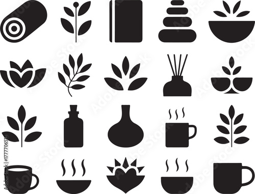 Black and white icons related to spa, wellness, and relaxation Keywords: spa, wellness
