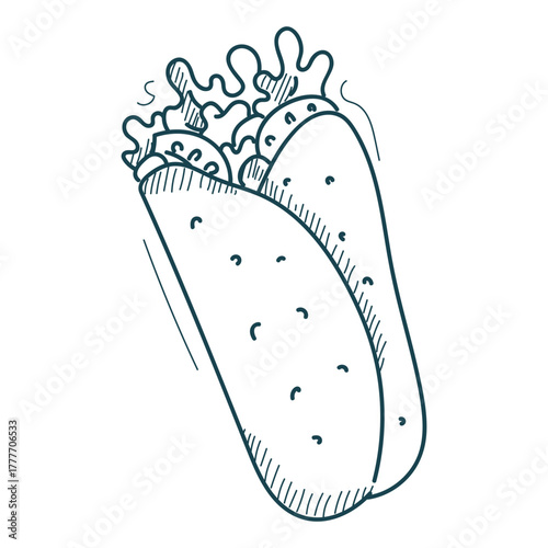 Shawarma doodle icon vector isolated. Hand-drawn illustration of a delicious street food. Tasty burrito. Salad, meat and tortilla wrapped in roll.