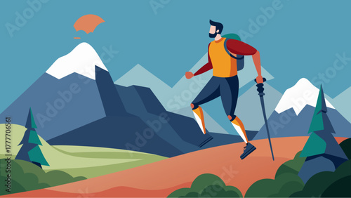 Cartoon hiker with backpack and trekking pole climbing mountain trail with snowy peaks and pine trees in scenic background