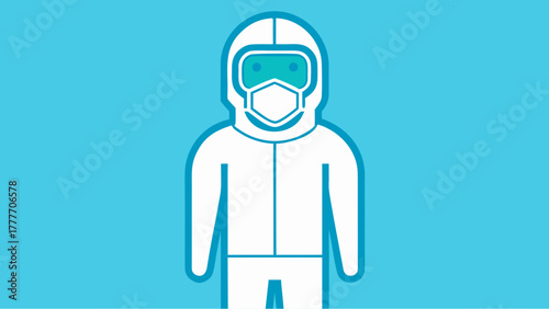 Flat style illustration of a person in full protective hazmat suit with face shield and mask on a blue background, symbolizing safety and infection control