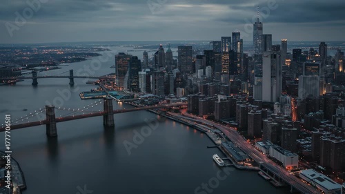 Wallpaper Mural Aerial view of New York City skyline at dusk with Brooklyn Bridge and illuminated highways. Torontodigital.ca
