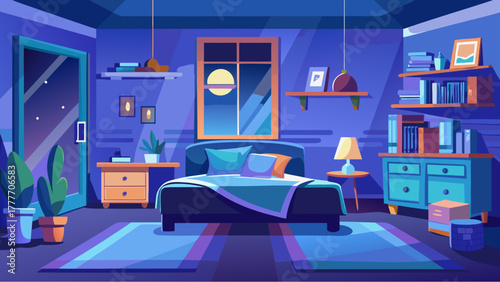 Cozy cartoon bedroom at night with moonlight through the window, warm lighting, bookshelves, plants and soft colors in a peaceful atmosphere