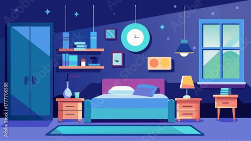 Cartoon bedroom at night with cozy lighting, modern furniture, wall clock and window view in a peaceful flat style illustration