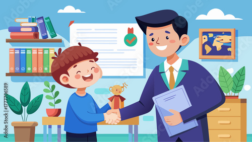 Smiling student shaking hands with teacher in classroom after receiving an award in a cheerful cartoon education scene