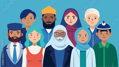 Diverse group of Muslim people in traditional and modern clothing smiling together in a flat cartoon illustration on blue background