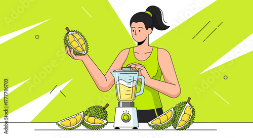 Healthy Lifestyle Choice: Attractive Woman Blending Fresh Durian Fruit Into a Smoothie