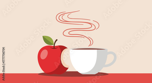 Healthy Lifestyle Choice: A Refreshing Apple Alongside Steaming Hot Drink
