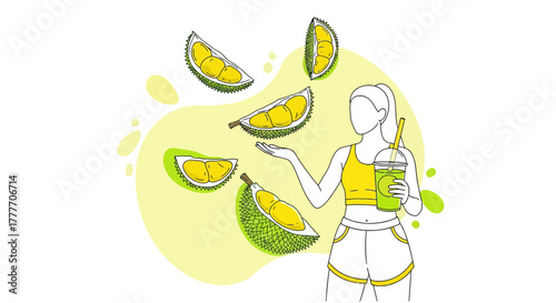 Healthy Lifestyle Choice: Durian Bliss and Refreshing Beverage, Modern Illustrated Design