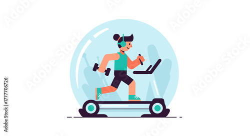 Healthy Lifestyle Concept: Animated Person on Treadmill with Weights and Headphones