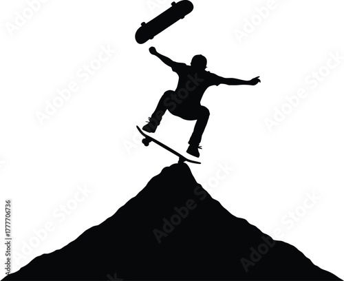 Skateboarder silhouette performs extreme trick over obstacle