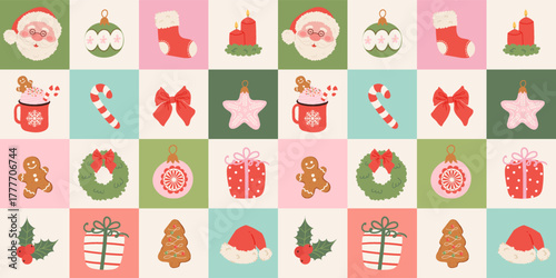 Christmas seamless pattern with cute hand drawn holiday elements, Santa Claus, gingerbread, baubles, gifts, candy, bow. Xmas vintage background for print, wrapping paper, fabric, textile, wallpaper.