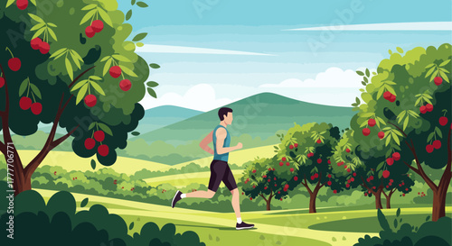 Healthy Lifestyle Concept Depicting A Runner Exercising In Scenic Orchard Environment