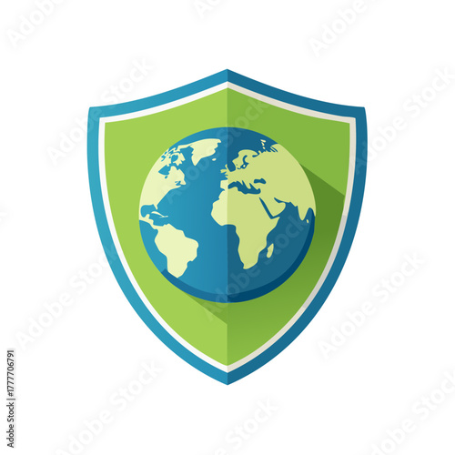 vector of Earth inside shield, eco protection concept, green and blue flat design, greenscreen
