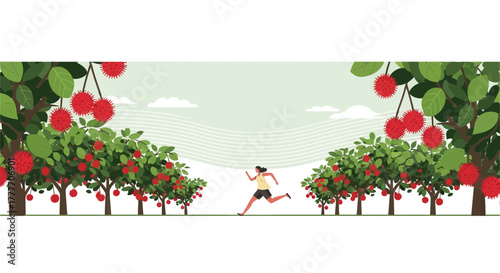 Healthy Lifestyle, Athlete Running Through Rambutan Orchard and Achieving Goals Outdoors