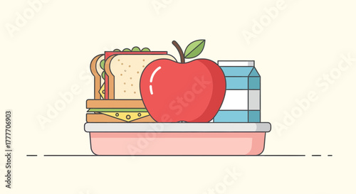 Healthy Lunchbox Composition With Apple, Sandwich, And Milk Carton Ready For School