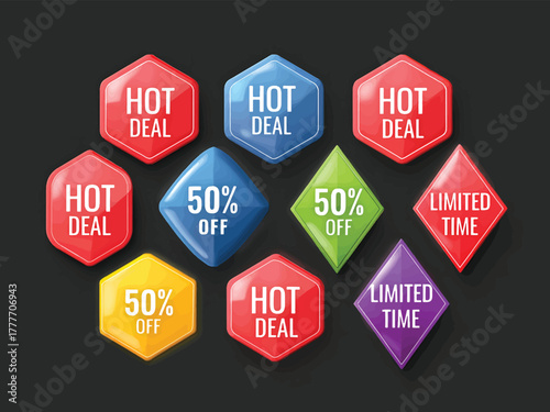 Set of colorful glossy sale badges and promotional sticker labels for hot deals