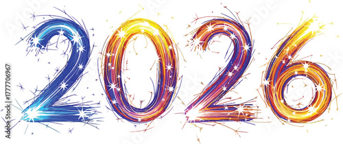 Sparkling 2026 new year design with vibrant colors on a clean white background