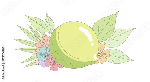Illustration Of A Fresh Lime With Floral Embellishments And Green Leaves