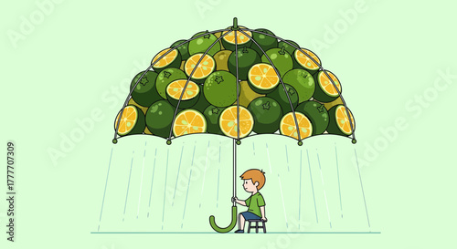 Humorous depiction of a boy taking refuge beneath a citrus fruit umbrella in the rain
