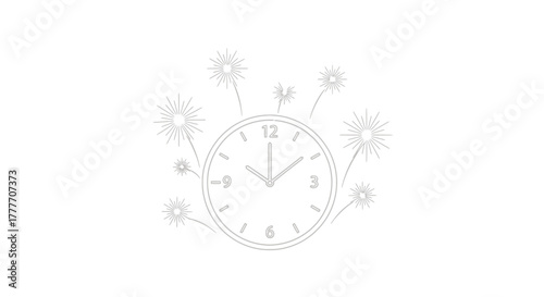 Clock striking midnight with fireworks celebrating new year on white background