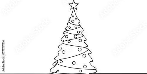 Minimalist christmas tree with star in single line drawing on white background