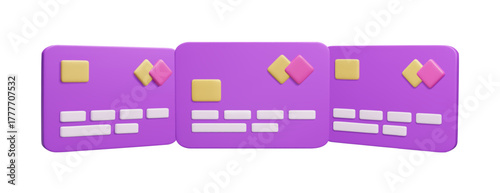 Plastic credit card in three different angles 3D vector illustration. Secure online shopping, contactless payment, transaction protection concept. Debit credit card 3D render.