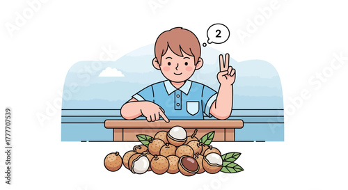 Illustration Of A Boy Counting Longan Fruits, Showing 2 Fingers And Pointing At Fruit