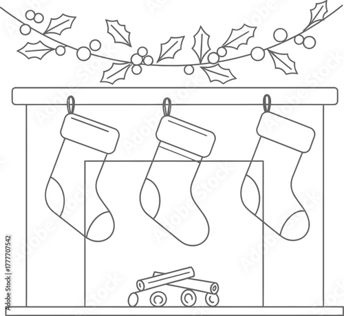 Minimalist christmas fireplace with stockings and holly garland illustration