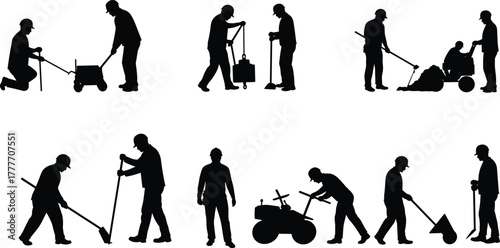 Construction workers silhouette, roadwork crew, manual labor, infrastructure repair, teamwork, shovel, jackhammer, wheelbarrow, compacting, sweeping, maintenance, black icons, vector