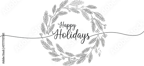 Happy holidays greeting card with minimalist wreath and elegant typography